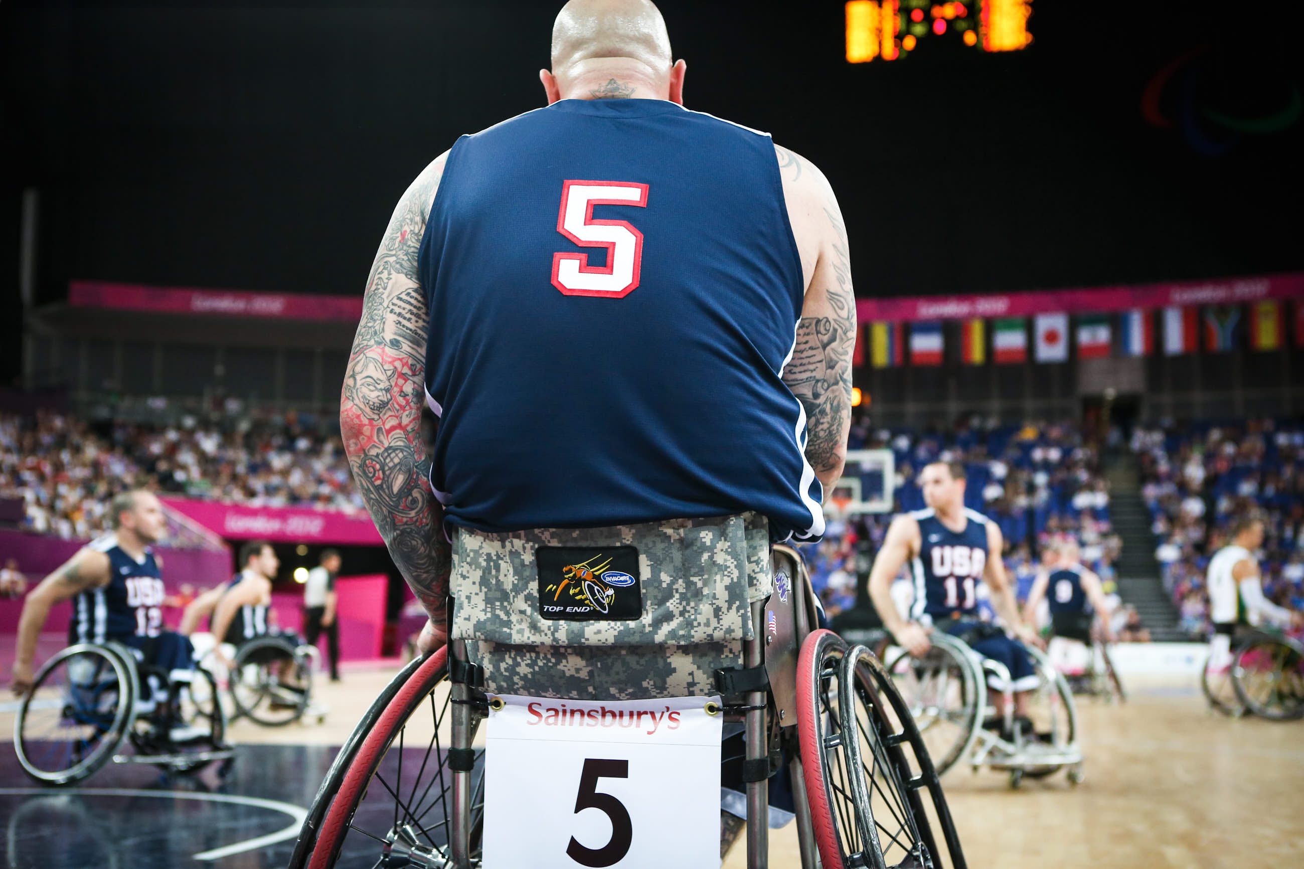 06.09.2012 London, England. Men's Wheelchair Basketball Semi Final (USA) vs (AUS) J Chambers (USA) in action during Day 7 of the London 2012 Paralympic Games at the North Greenwich Arena